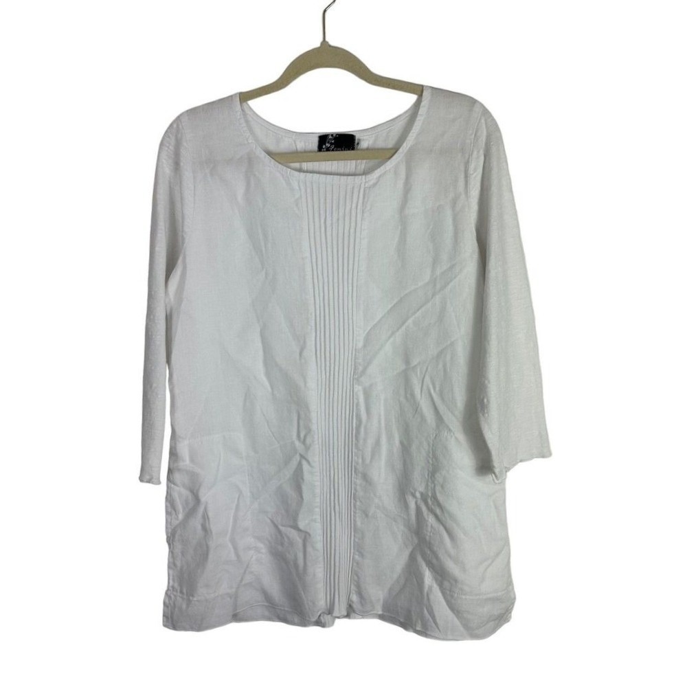 Fenini Vintage Women's‎ Top White 100% Linen Small Clean Girl Pullover Pockets